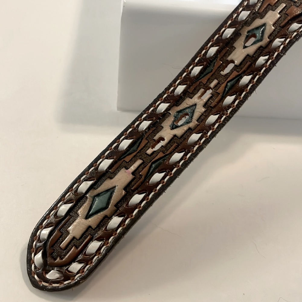 Vintage Tony Lama Rare Men's Western Belt Intricate Tooled Pattern Buckle - Picture 9 of 16